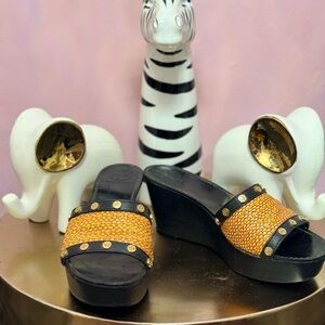 Tory Burch Black and Gold Wedge Sandals